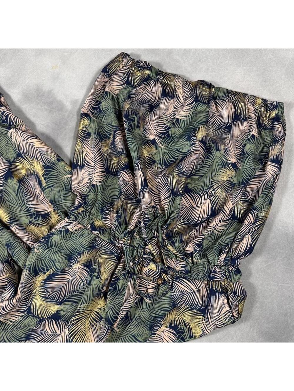 Blue Island Strapless Jumpsuit Medium Navy Feather Print Gold Accents
